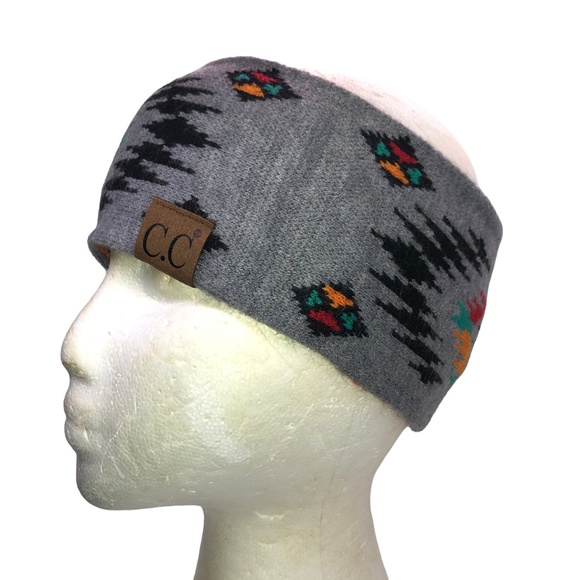 LIGHT GREY Southwestern Aztec Print Winter Ear Warmers Knit Headbands HeadWrap - Picture 1 of 8
